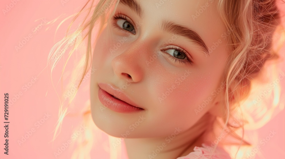 Vibrant makeup and pastel clothing adorn a beautiful blonde in a closeup shot. Vibrant makeup and pastel clothing adorn a beautiful blonde in a closeup shot.