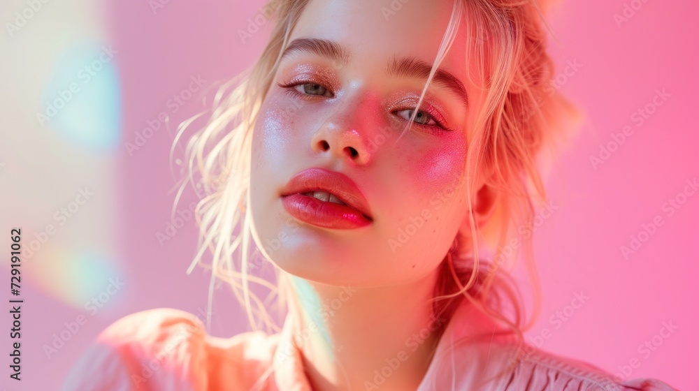 Pastel-clad and adorned with colorful makeup, a blonde beauty shines.