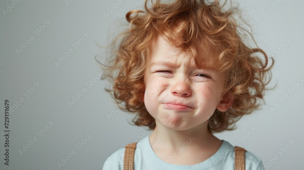 A young child with curly red hair making a pouty face with closed eyes against a neutral background. A young child with curly red hair making a pouty face with closed eyes against a neutral background.