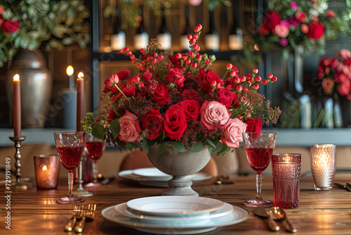Table with vase with red roses, two wine glasses, candle and plate. Festive table setting for St Valentine's Day