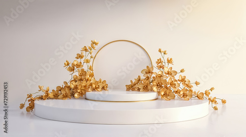 podium vide avec des orchidées dorées autour