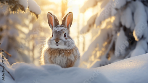 A bunny on the snow in the forest
