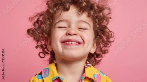 A young child with curly hair smiling brightly with eyes closed wearing a colorful patterned shirt against a soft pink background.