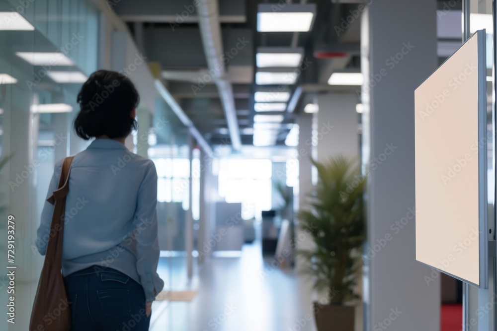 person glancing at a mockup banner while passing through office hallway person glancing at a mockup banner while passing through office hallway