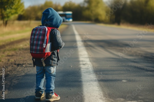 lone child with backpack peering down road for bus