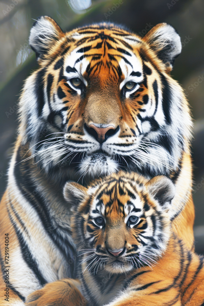 Fototapeta premium A tiger with her cub, mother love and care in wildlife scene