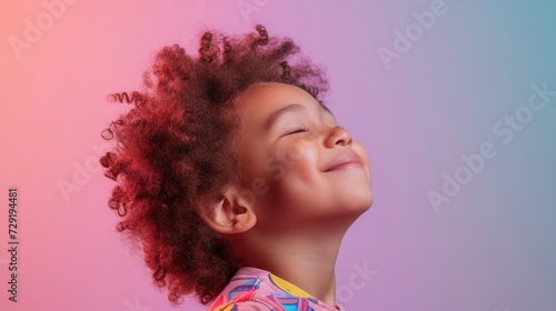 A joyful young child with curly hair smiling and looking up towards the sky against a soft gradient background.
