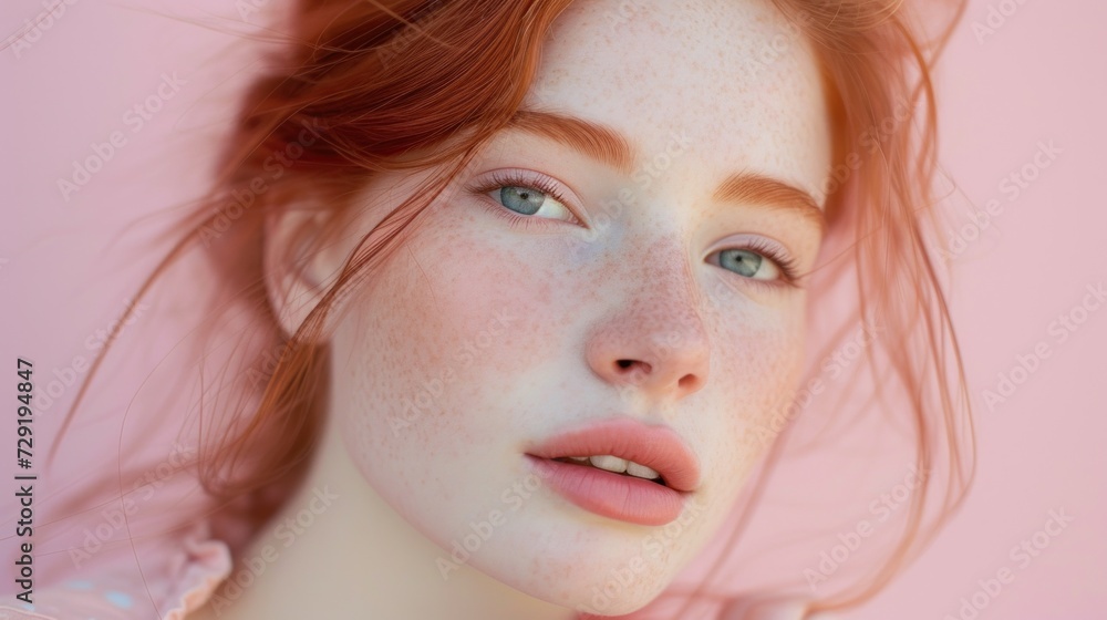 Red-haired beauty's natural elegance shines in studio portrait. Red-haired beauty's natural elegance shines in studio portrait.