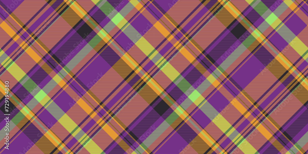 Strip check pattern textile, school texture tartan seamless. Abstract plaid vector background fabric in purple and orange colors. Strip check pattern textile, school texture tartan seamless. Abstract plaid vector background fabric in purple and orange colors.
