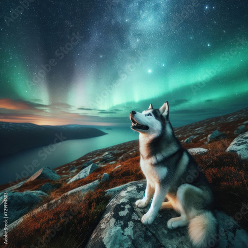 Husky standing in a field with beautiful light from the northern lights