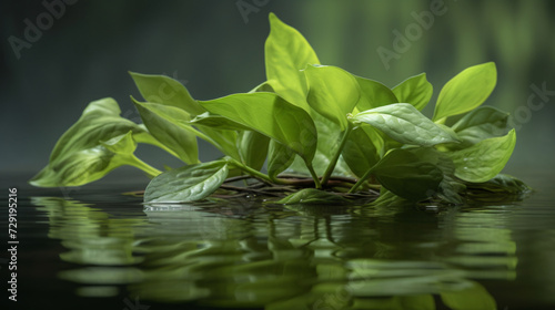 basil leaves reflected in a tranquil pond