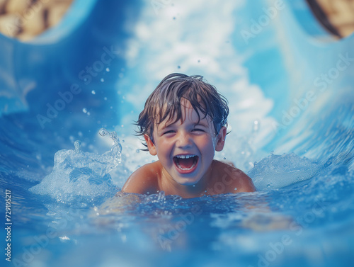 Happy Young Boy Swimming in Pool With Slide in Background. Summer fun concept for children.