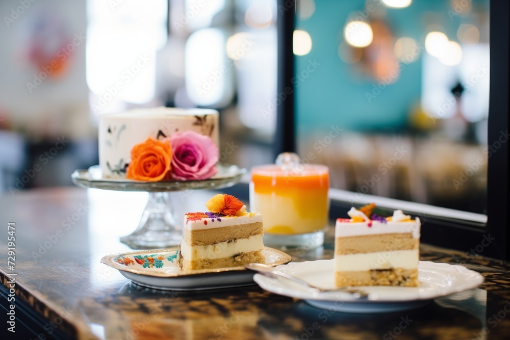 closeup of cheesecake among pastries behind glass closeup of cheesecake among pastries behind glass