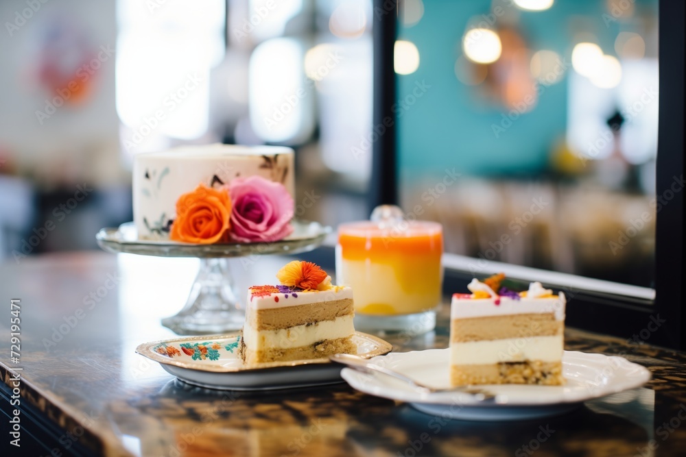 closeup of cheesecake among pastries behind glass