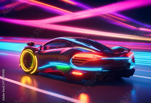 Speeding Sports Car On Neon Highway © Hassan Rehman