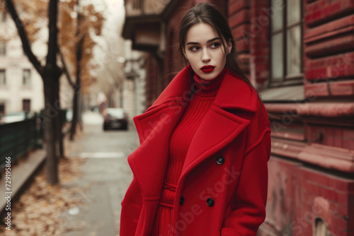 Beautiful fashion female model in red turtleneck sweater and woolen red coat outdoor on autumn winter urban street © Kien