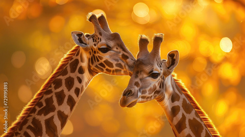 Two giraffes facing each other in a warm embrace against a radiant golden background