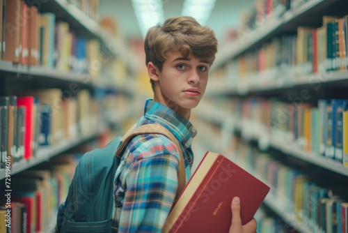 Portrait of a young smart boy holding books in a university library.