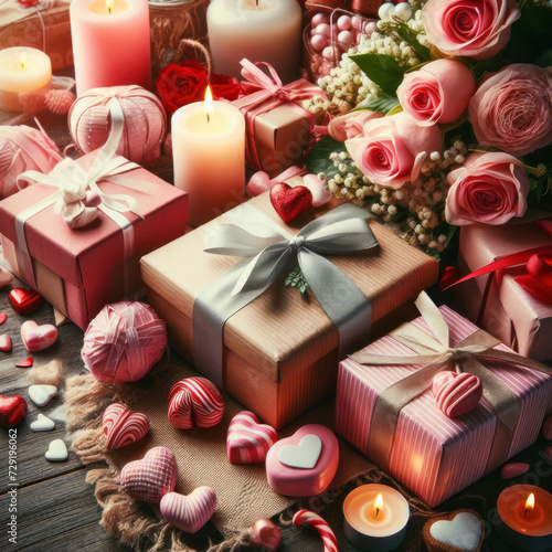 Gifts and candle hearts for Valentine's Day