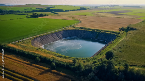 une méga bassine en cours de remplissage ou presque vide, vue depuis un drone photo