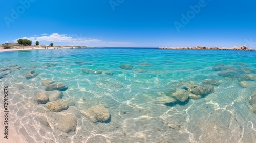 Panoramic view of beautiful sandy beach and crystal clear turquoise sea water,