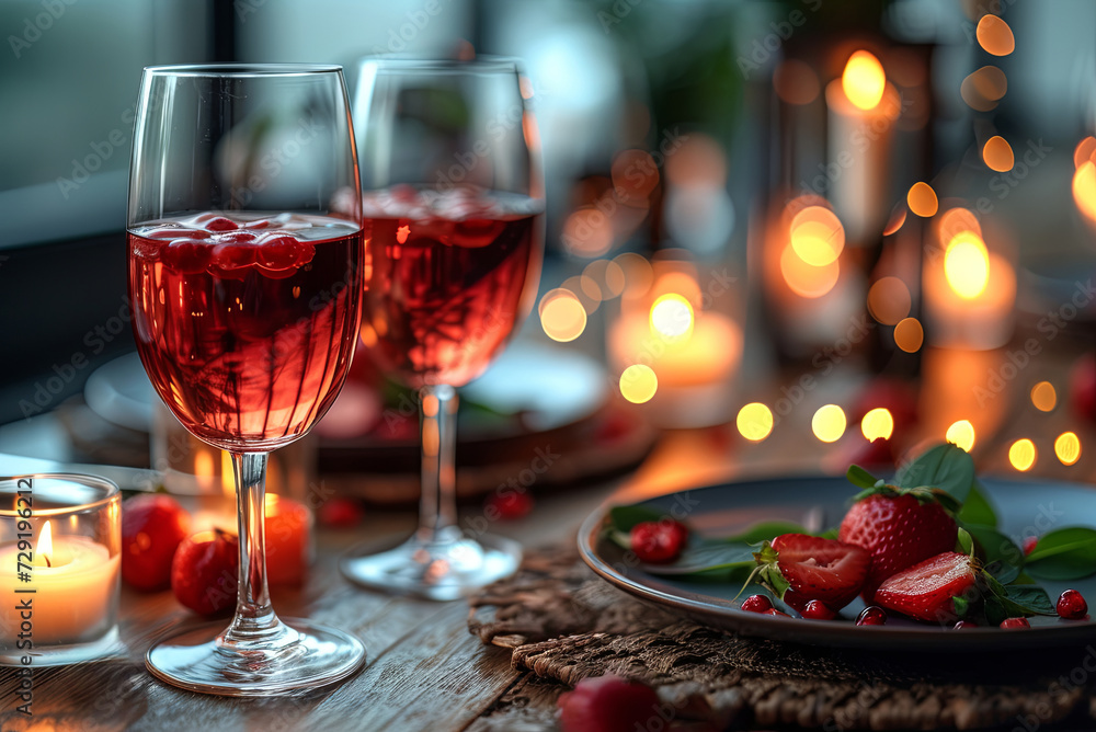 Serving and decorating a romantic candlelit dinner with a glass of wine on a Valentines Day tabl Serving and decorating a romantic candlelit dinner with a glass of wine on a Valentines Day tabl