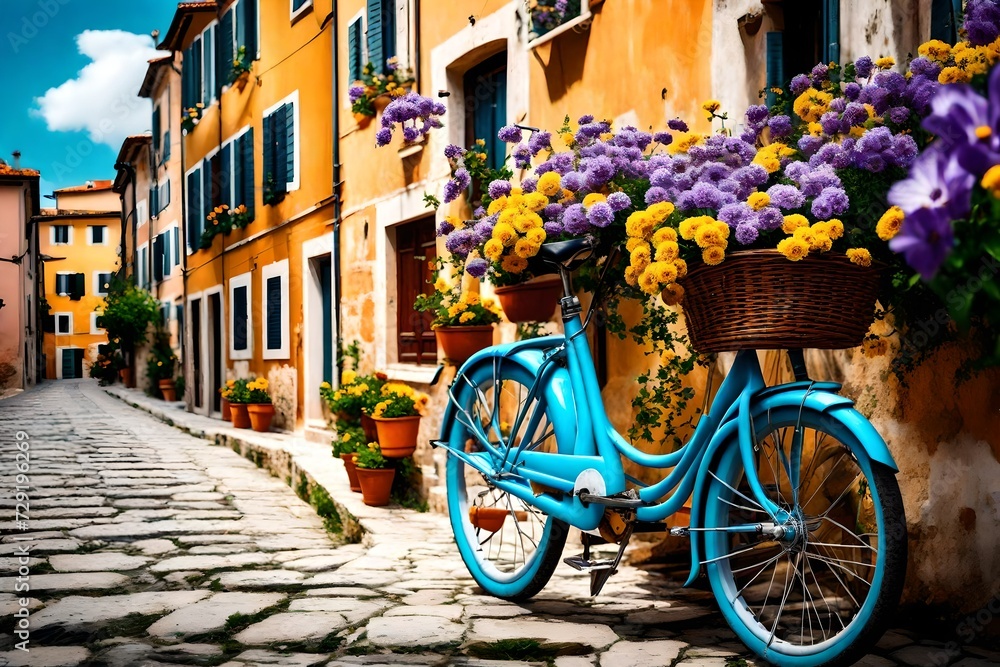 Blue bike with purple and yellow flowers on the streets of Rovinj Blue bike with purple and yellow flowers on the streets of Rovinj