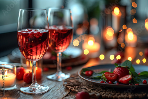 Serving and decorating a romantic candlelit dinner with a glass of wine on a Valentines Day tabl