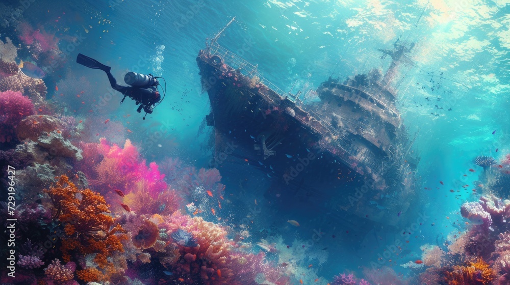 Fototapeta premium A scuba diver floats near a coral reef, a sunken ship in the background. The water is clear, and the colors of the reef are vibrant.
