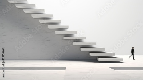 Lone Figure Walking Past a Minimalist Staircase in a Bright, Open Space. Background.
