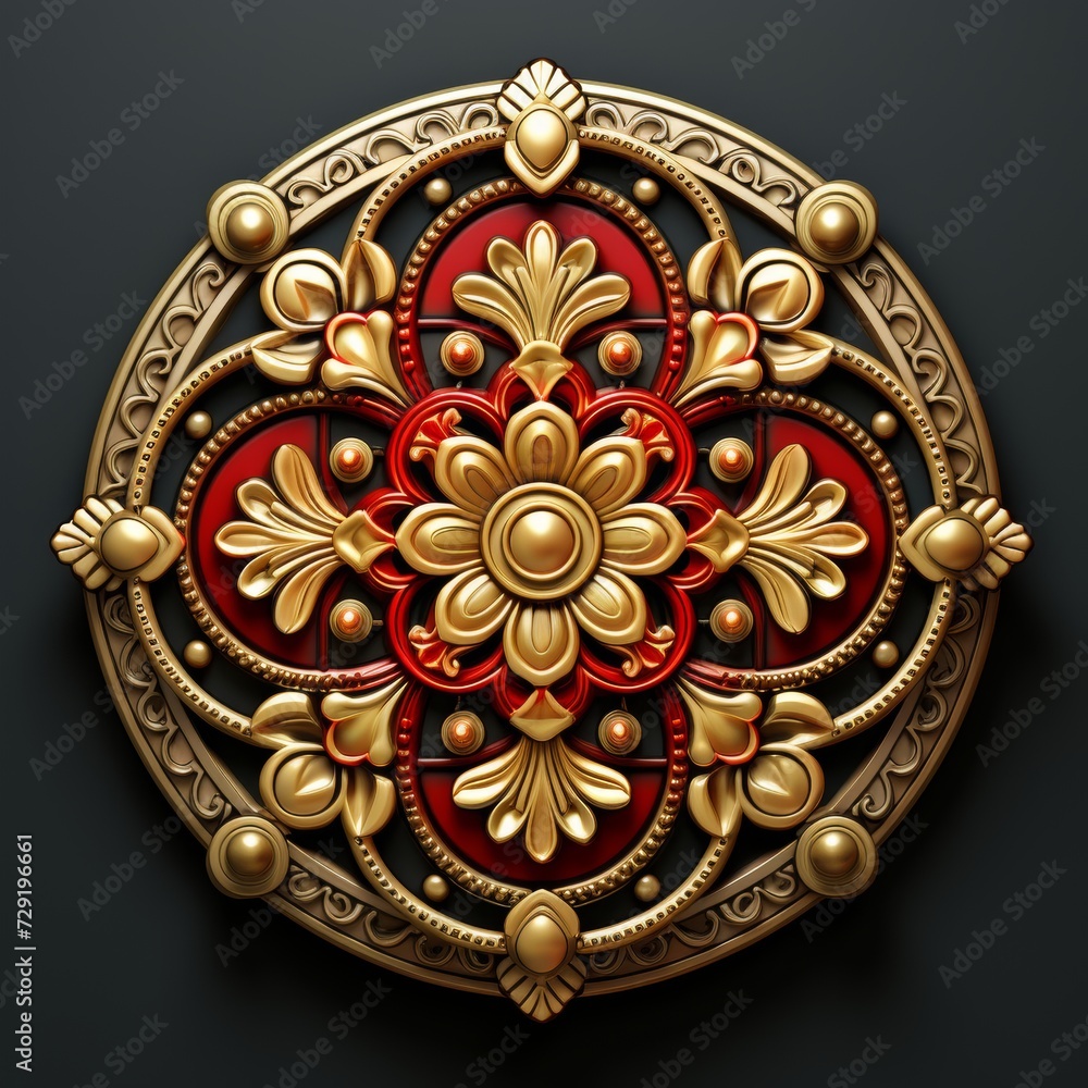 Detailed 3d relief artwork, intricate golden and red colours on a dramatic black background, seamless