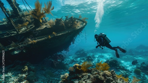 A scuba diver floats near a coral reef, a sunken ship in the background. The water is clear, and the colors of the reef are vibrant.