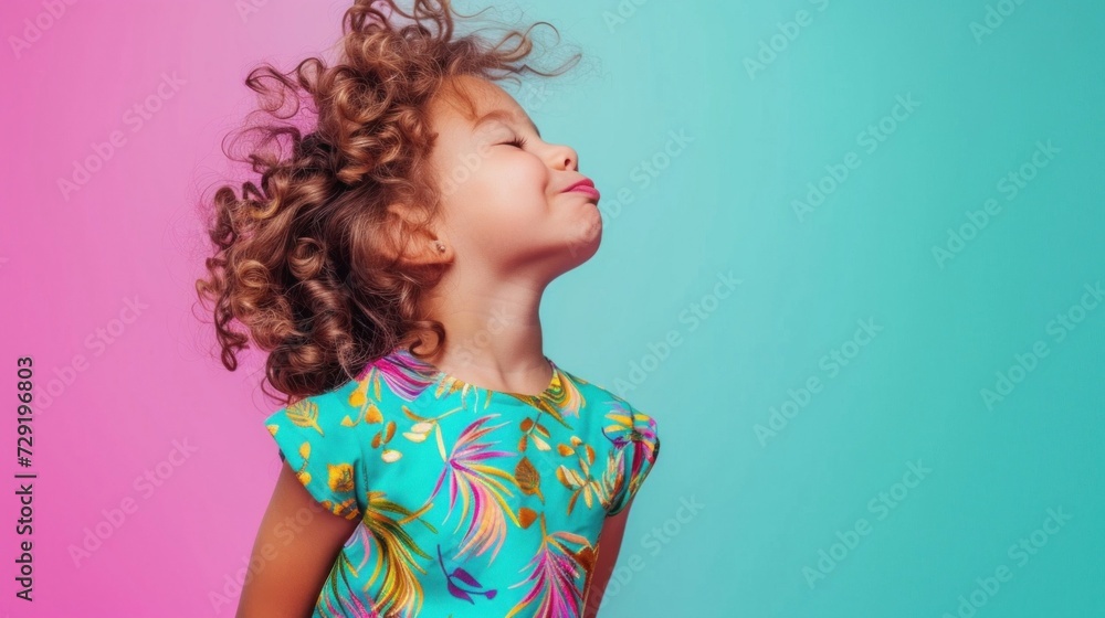 A young girl with curly hair wearing a vibrant floral dress looking up with a joyful expression against a colorful background. A young girl with curly hair wearing a vibrant floral dress looking up with a joyful expression against a colorful background.