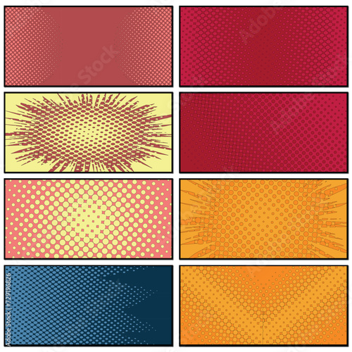 Set of Halftone Comic Background. Vintage superhero comic book poster background, halftone texture and superhero vector backgrounds