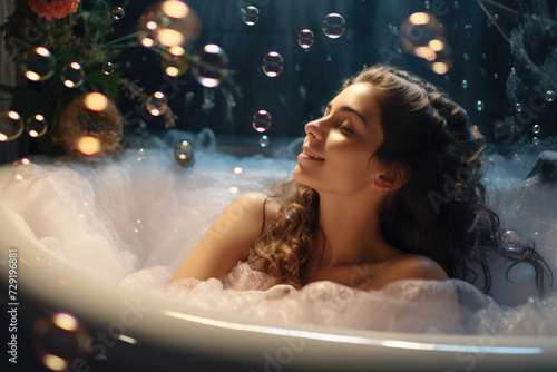 a healthy woman relaxing in a bubbled bathtub and lights