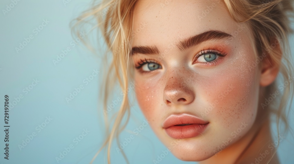 Closeup portrait of a stunning blonde in pastel attire and glittery makeup. Closeup portrait of a stunning blonde in pastel attire and glittery makeup.