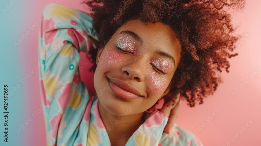 A closeup beauty portrait capturing the joy of an afro woman in vibrant attire and makeup. A closeup beauty portrait capturing the joy of an afro woman in vibrant attire and makeup.