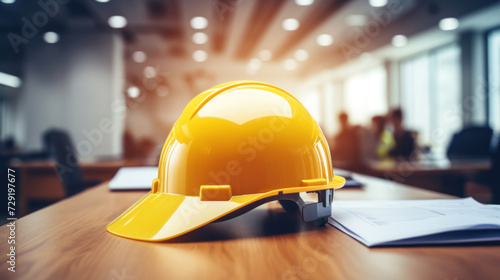 A yellow safety helmet on workplace desk, Start up plan new project contract in office center at construction site.