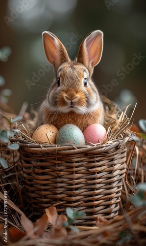 Easter bunny rabbit in basket with colorful eggs. AI