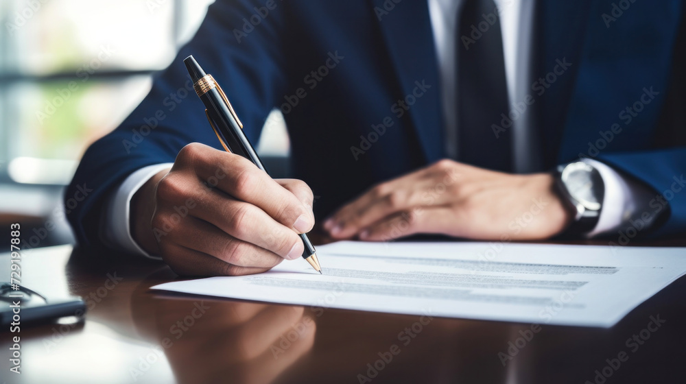 Close up hand of businessman in suit writing business papers at desk in modern coworking office. Close up hand of businessman in suit writing business papers at desk in modern coworking office.