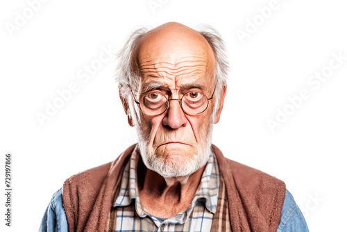 An elderly man grandfather shouts in angry anger, aggressively disappointed, white background isolate. .