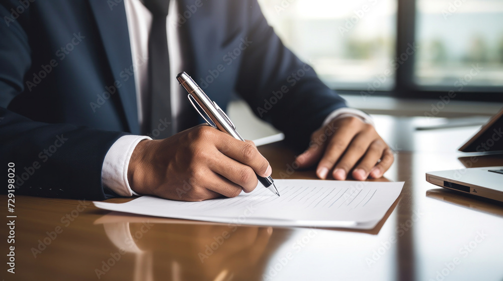 Close up hand of businessman in suit writing business papers at desk in modern coworking office. Close up hand of businessman in suit writing business papers at desk in modern coworking office.