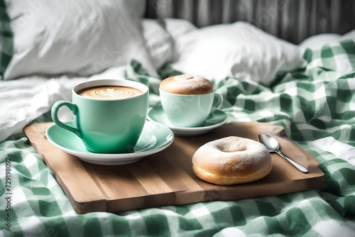 Cup with cappuccino, doughnutt, green pastel giant plaid, bedroom, morning concept