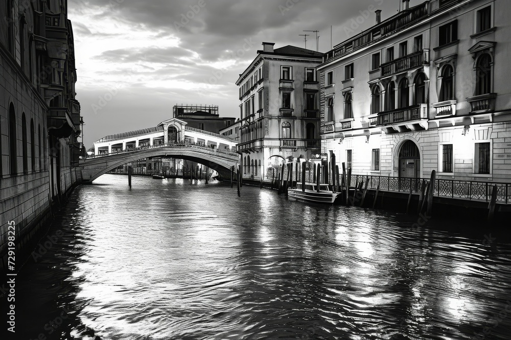 Naklejka premium bulding on the river, black and white portrait