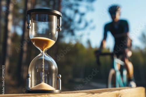 cyclist paused to gaze at hourglass with sand moving upward