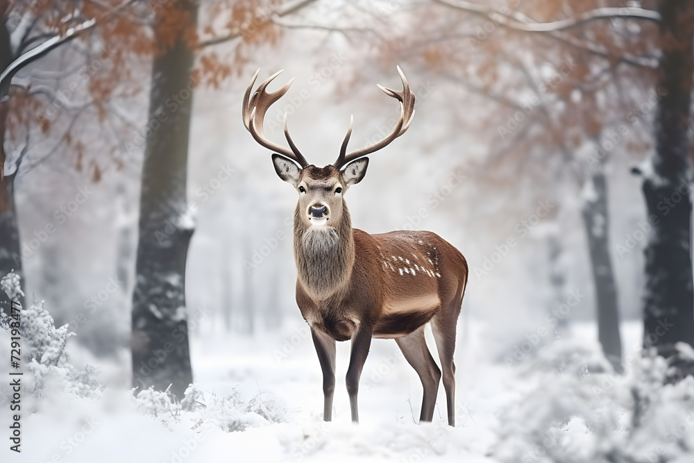 Noble deer male in winter snow forest. Noble deer male in winter snow forest.