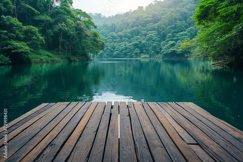 empty wooden jetty at idyllic rainforest lake with product presentation space © Siti