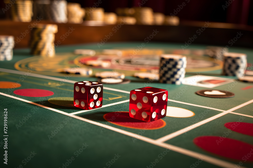 Close up of rolling dice in red on green poker table Close up of rolling dice in red on green poker table