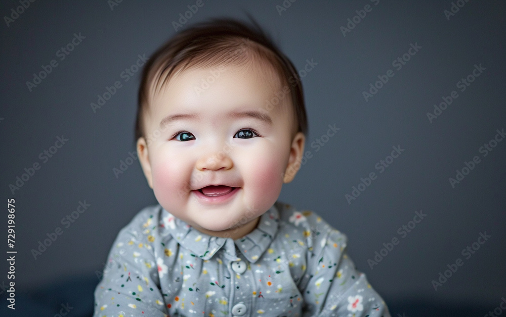 Smiling Baby Sitting on Top of a Bed Smiling Baby Sitting on Top of a Bed