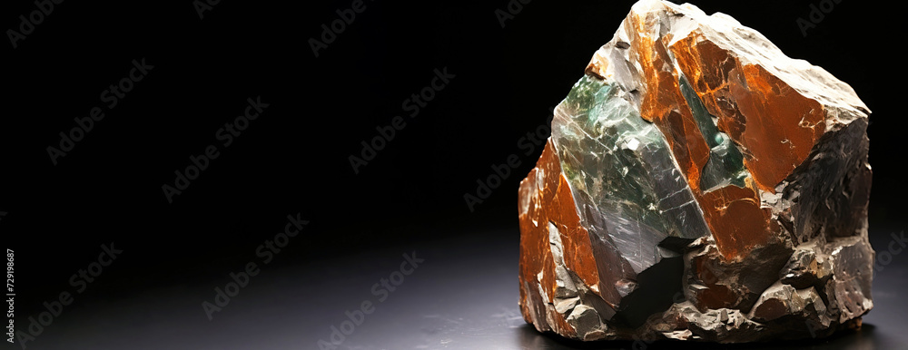 Ulrichite is a rare precious natural stone on a black background. AI generated. Header banner mockup with space.